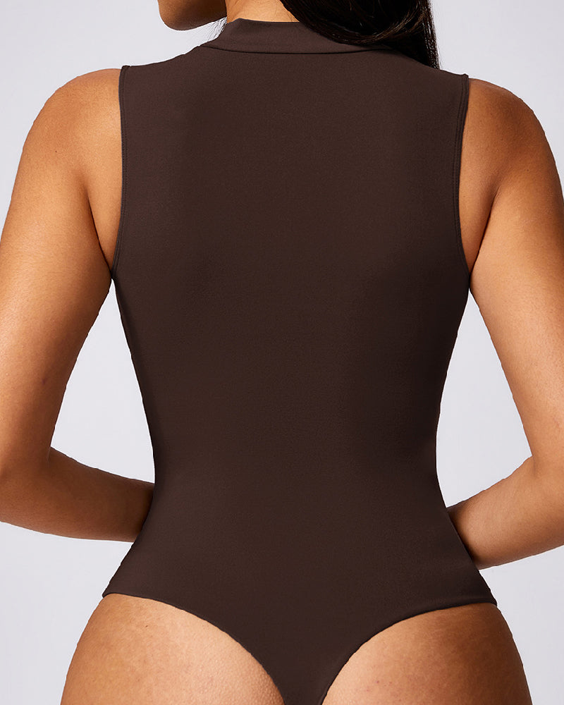 Hochkragen Hohlbrust Tanga Druckknopf Schritt Ärmelloses Glattes Bodysuit Shapewear