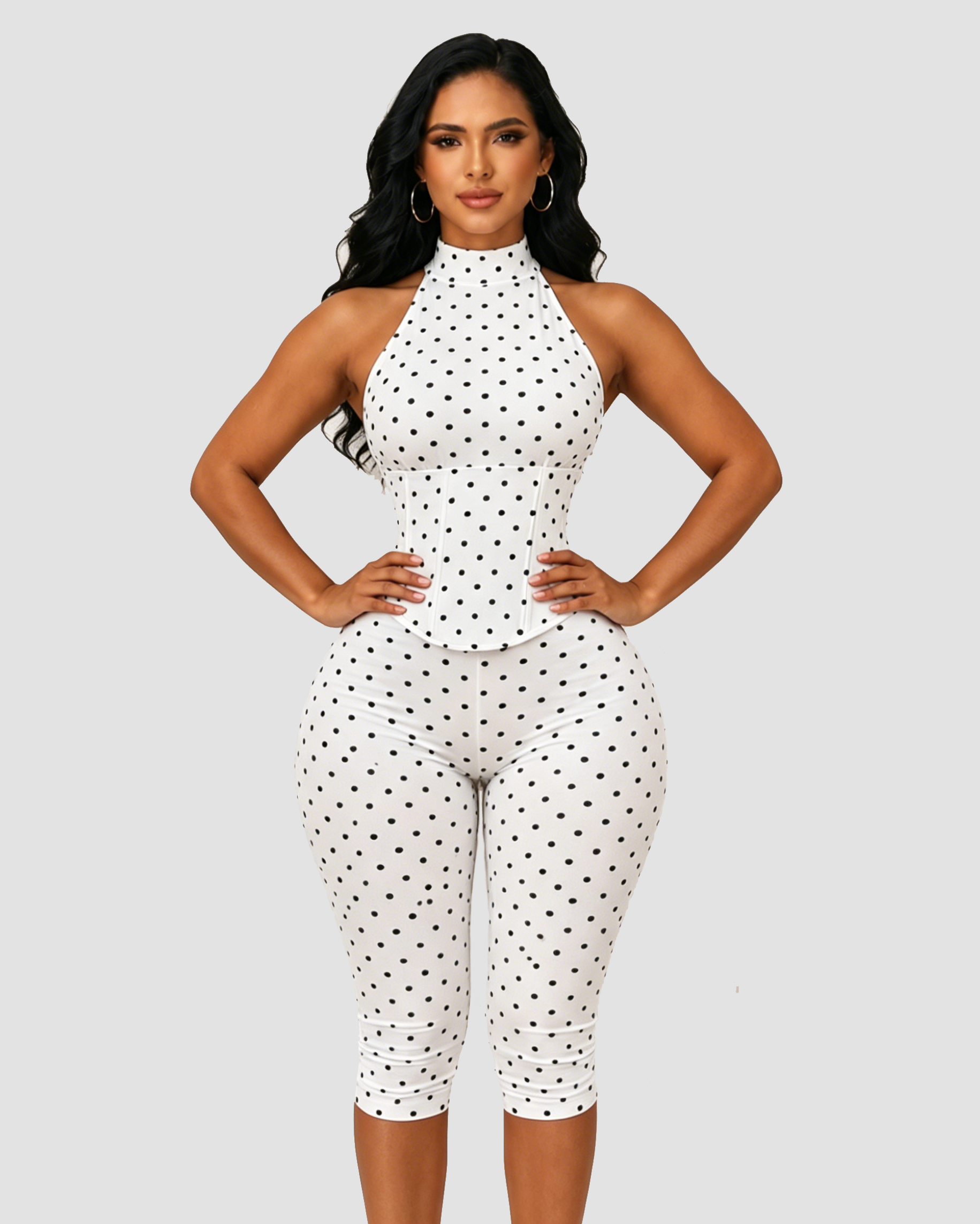 Polka Dot Halter Neck Backless Slim-Fit Stretch Capri Jumpsuit