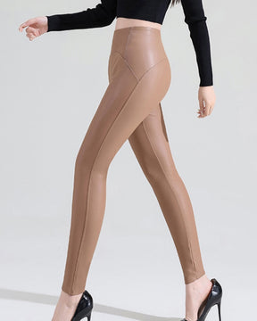 PU-Lederhose Dünne Leggings aus Samt Hohe Taille Strumpfhose mit Hüftlift