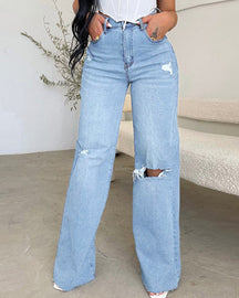 Zerrissene Jeans mit Ausgewaschenem Schnitt und Aeitem Bein und Hoher Taille