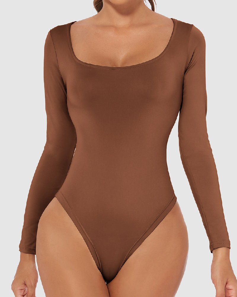 Damen Nahtlose Quadratischem Ausschnitt Langen Ärmeln Formende Tanga Unterhemd Bodysuits