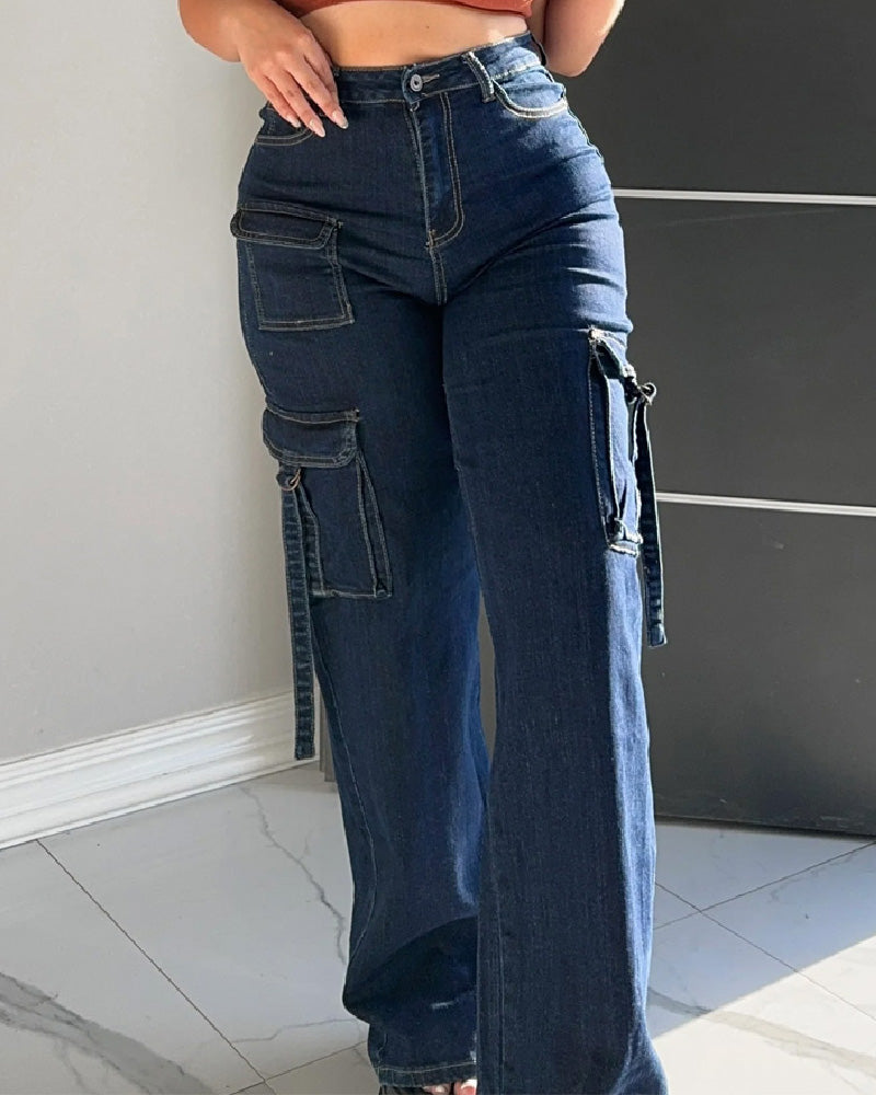 Damen Hohe Taille Cargo Jeans Weitem Bein Lässige Flaschentaschen Hose