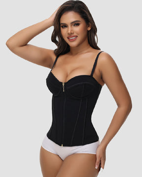 Damen Sexy Reißverschluss Vorne Stäbchen Überbrust Spaghettiträger Korsett Bustier Tops