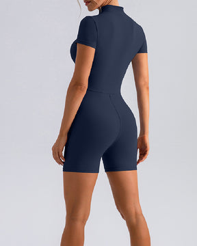 Damen Stehkragen Shorts Jumpsuit Reißverschluss Vorne Kurzärmelig Stretch Sports Strampler