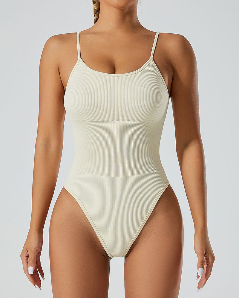 Sexy Gerippter Ärmelloser Einfarbige Spaghettiträgern Bodysuit Shapwear Für Damen