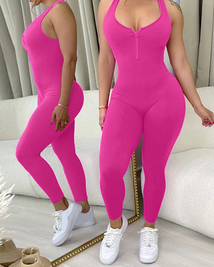 Ärmellose Einfarbige Racerback Overalls Jumpsuit Schlank Passform Reißverschluss Bodysuit