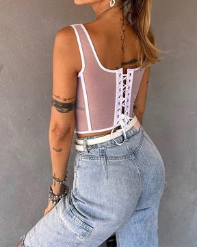 Sexy Mesh Stäbchen Korsett Weste Schnürung Rücken Bustier Cropped Top