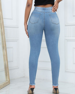 Damen Skinny Jeans mit Hoher Taille und Schräger Schnalle