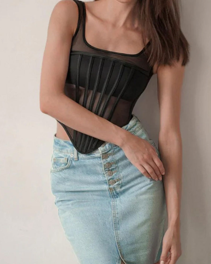 Sexy Mesh Stäbchen Korsett Weste Schnürung Rücken Bustier Cropped Top