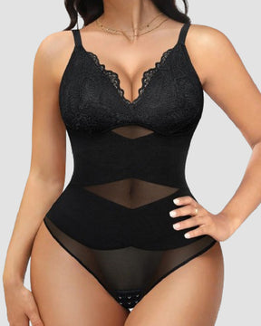 Damen Bauchweg V-Ausschnitt Tanga Korsett Spitze Bodysuit Shapewear