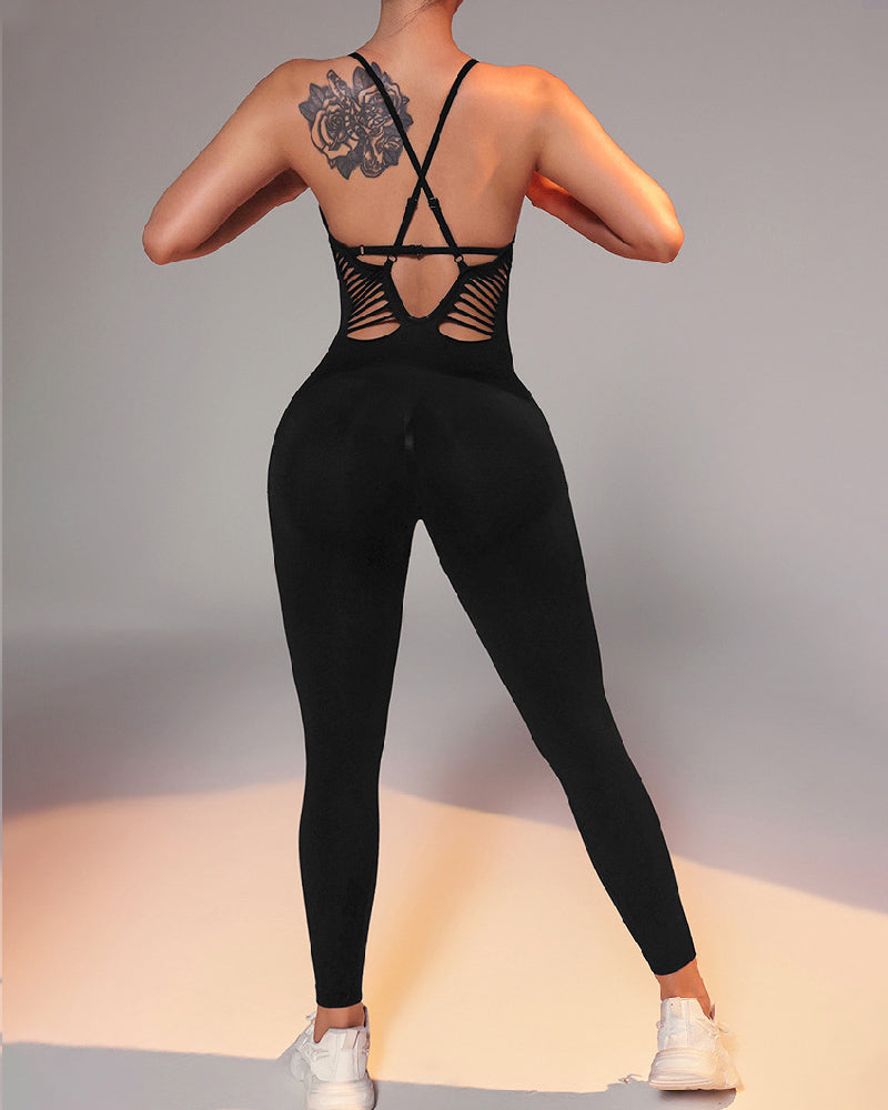 Damen Einfarbig Verstellbaren Schulterträgern Fitness Jumpsuit Mit Rücken-Kreuz Design