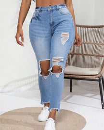 Verwaschene Zerrissene Schmale Hoch Taillierte Elastische Retro-Skinny-Jeans für Damen