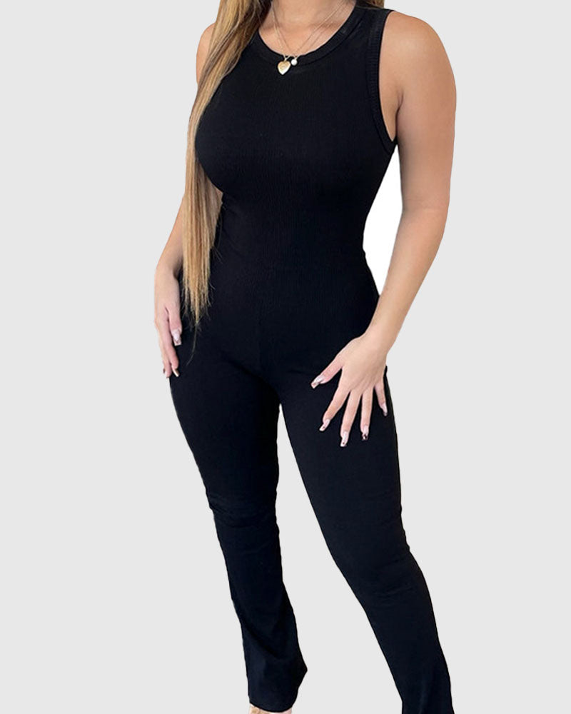 Bequemer ärmelloser Jumpsuit mit Hoher Taille und Ausgestelltem Design