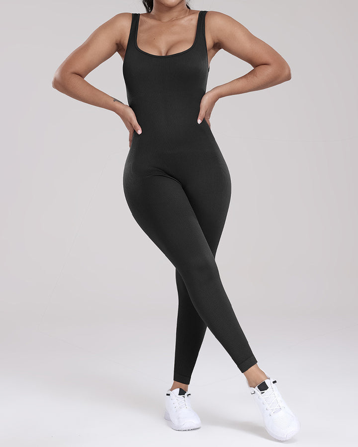 Gerippter U-Ausschnitt Ärmelloser Bodysuit Enganliegend Hochelastische Jumpsuits