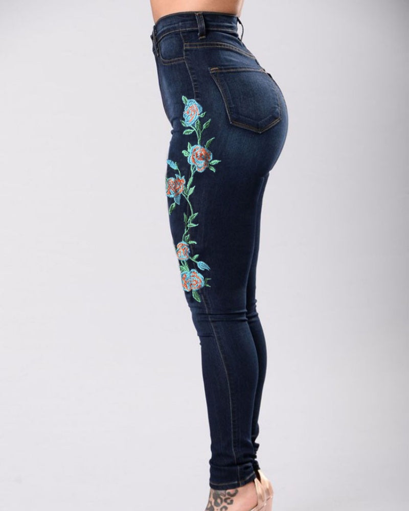 Slim-Fit-Jeans mit Hoher Taille und Stickerei