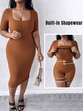 Integriertem Shapewear Kurzarm Quadrat-Ausschnitt Schmal Midi Kleid