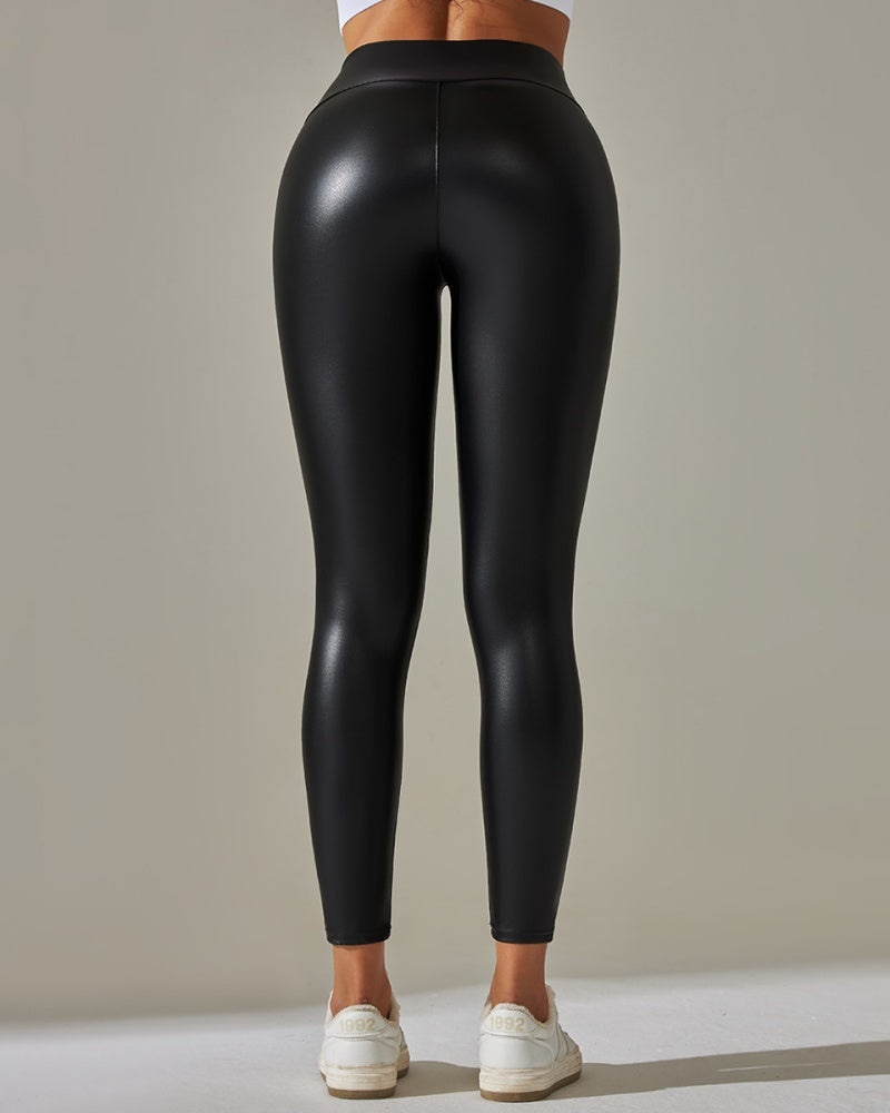 Hohe Taille Enge Sexy PU-Lederhose Bunte Yogahose für Damen