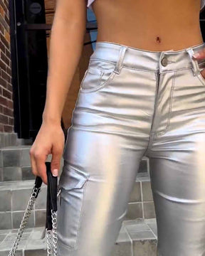 Damen Cargohose aus Kunstleder mit Taschen hoch taillierte entspannte Hose