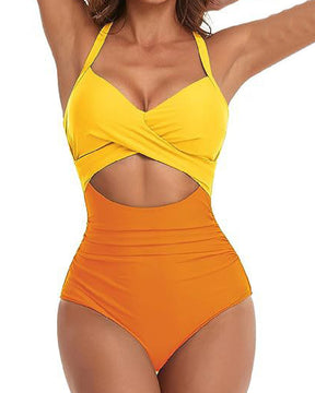 Einteilige Cutout Badeanzug Bauchweg Hoher Taille Bindeband Hinten Bademode