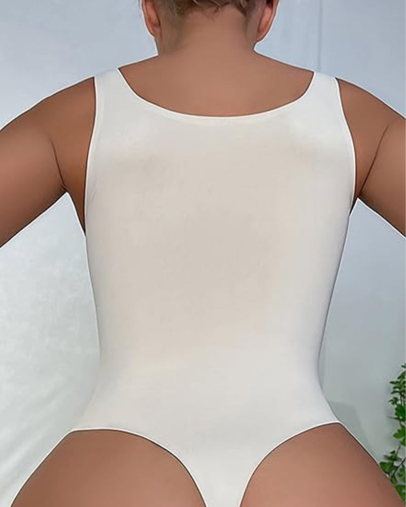 Nahtloser Einfarbige Tanktop Stretch Eckigem Ausschnitt Tanga Shapewear Bodysuit