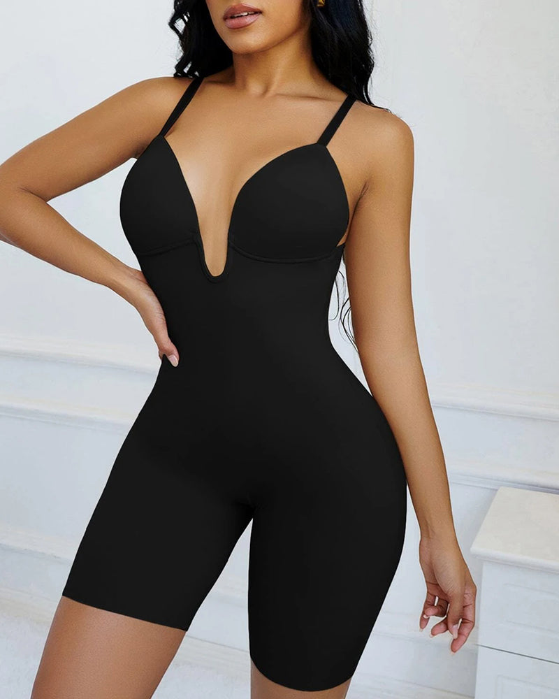 Nahtloser solide Farbe Bügel V Rückenfrei Shapewear Bodysuit