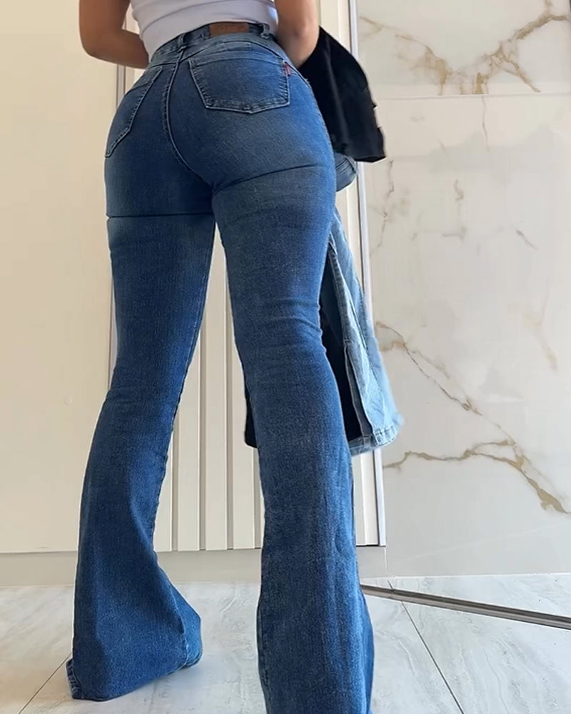 Jeans mit Hoher Taille Bauchkontrolle Ausgestelltem Schnitt Schlitz und Bodenlanger Länge