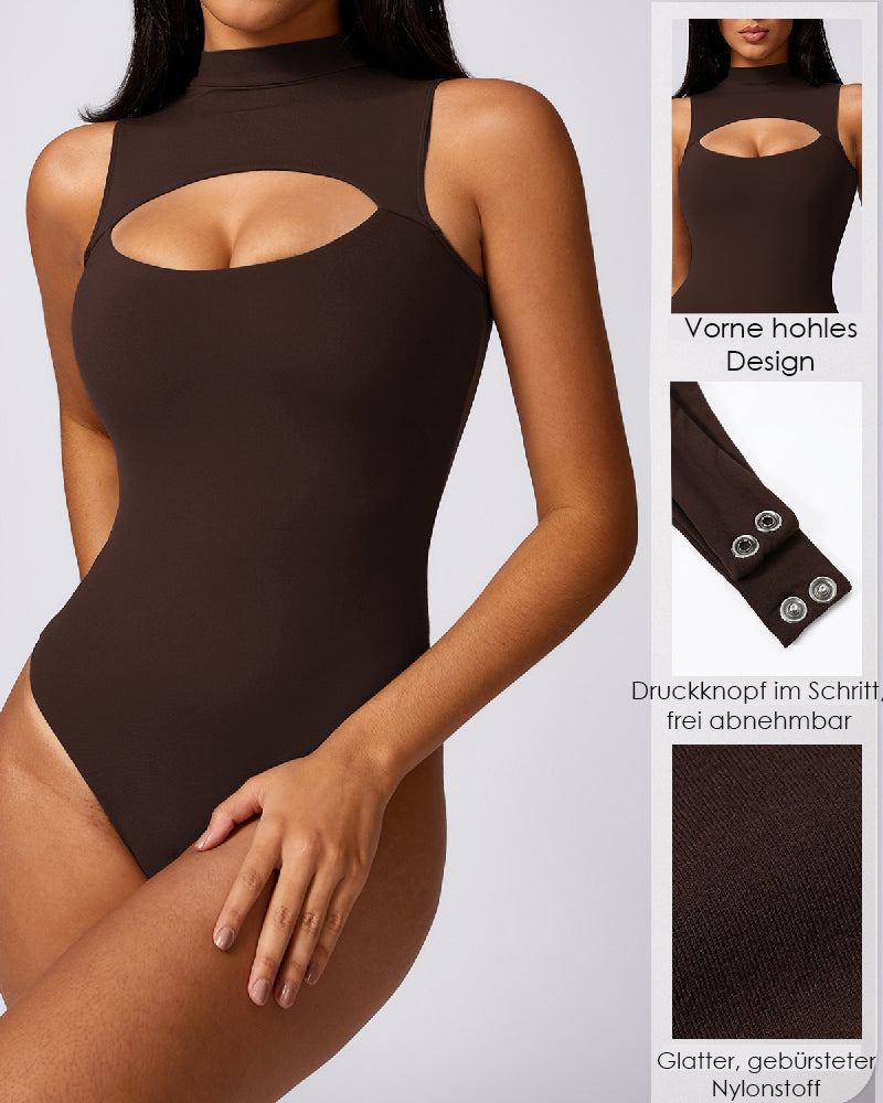 Hochkragen Hohlbrust Tanga Druckknopf Schritt Ärmelloses Glattes Bodysuit Shapewear