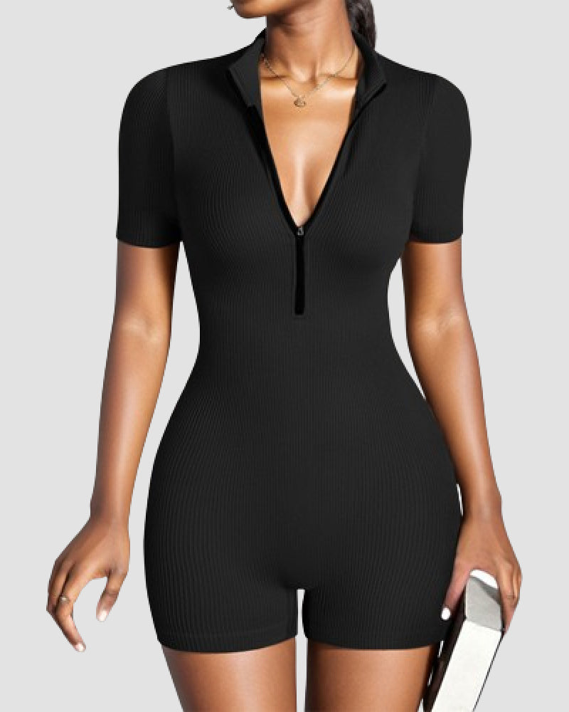 Damen Gerippter Kurzärmelig Reißverschluss Jumpsuit Stretch Bauchweg Workout Strampel