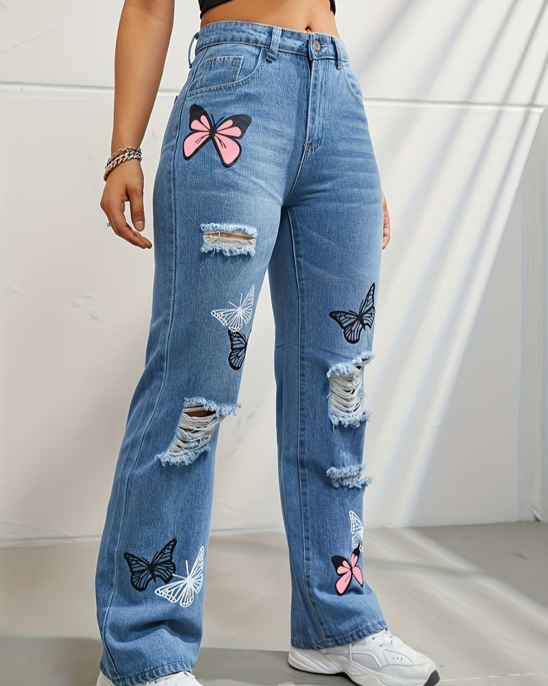 Zerrissene Jeans mit Geradem Bein und Hoher Taille in Kontrastfarbe und Schmetterlings-Print