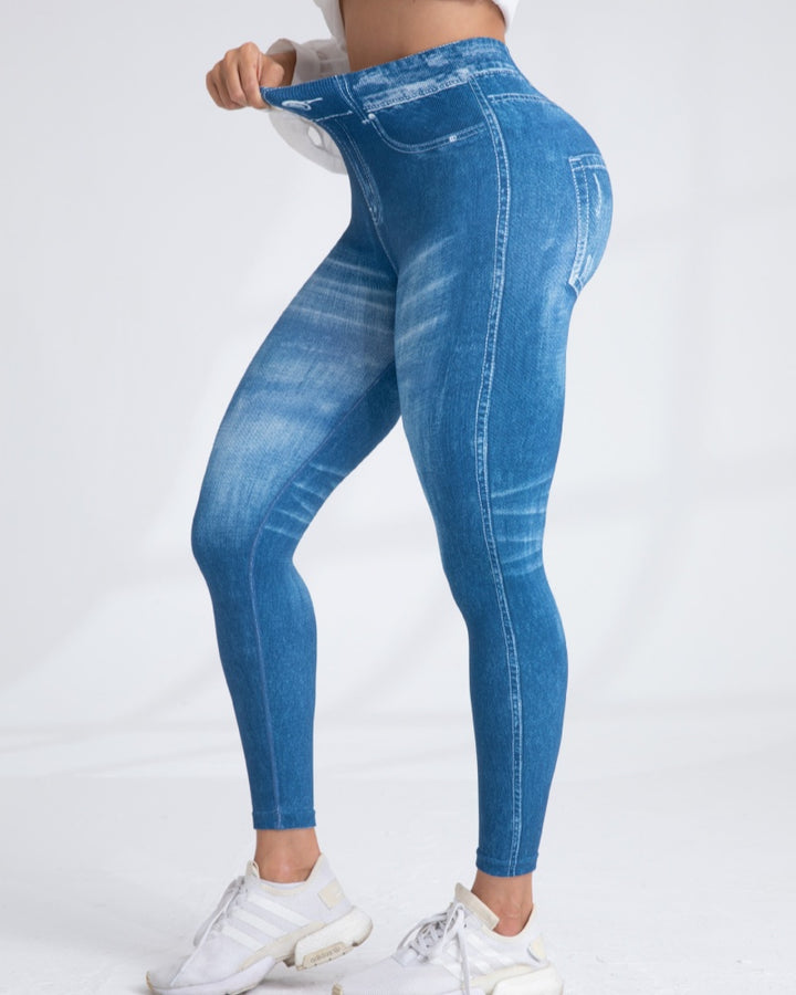 Nahtlose Gedruckt Imitation Denim Yoga Hosen frauen Quick Dry Hohe Elastische