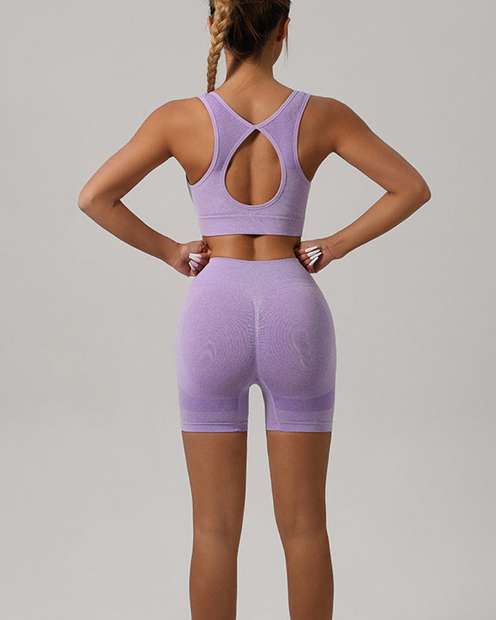 Frauen Nahtlose Fitness Outfit Set U-Ausschnitt Sport BH Po Lift Leggings Shorts Set