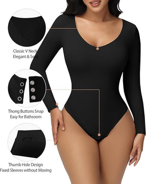 Damen Langen Ärmeln Nahtlos Bodysuit V-Ausschnitt Bauchweg Tanga Shapewear