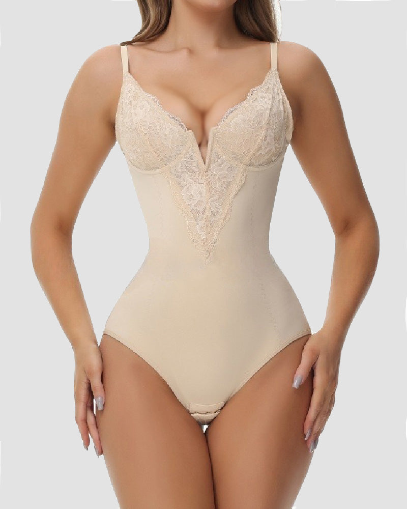 Spitze Tiefem V-Ausschnitt Push-Up Bodysuit Bauchweg Shapewear