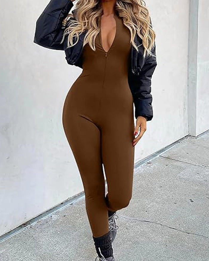 Einteiliger Athleisure Jumpsuit Lange Ärmel Frontreißverschluss Voll Bodysuit