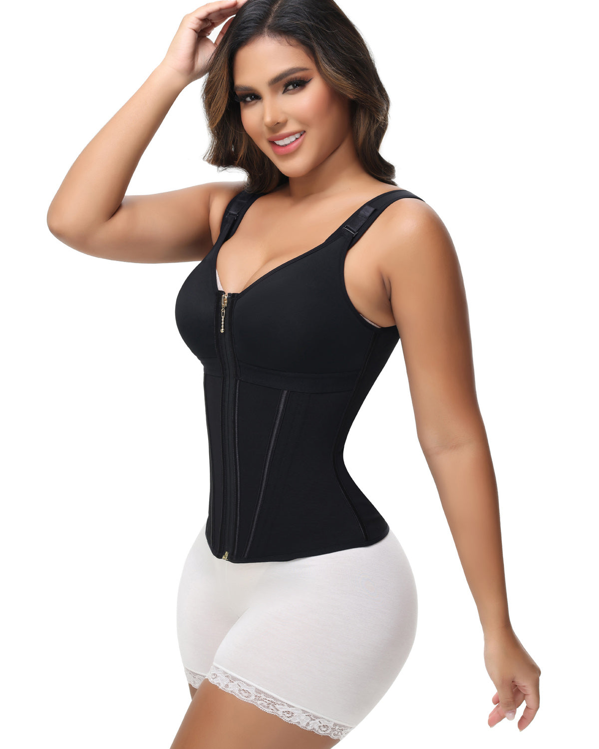 Damen Stäbchen Latex Reißverschluss Korsett Bauchkontrolle Body Shaper Weste Mit BH