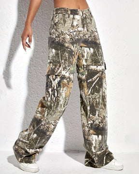 Damen Camo Cargo Hosen Hohe Taille Weites Bein Camouflage-Druck Jeans