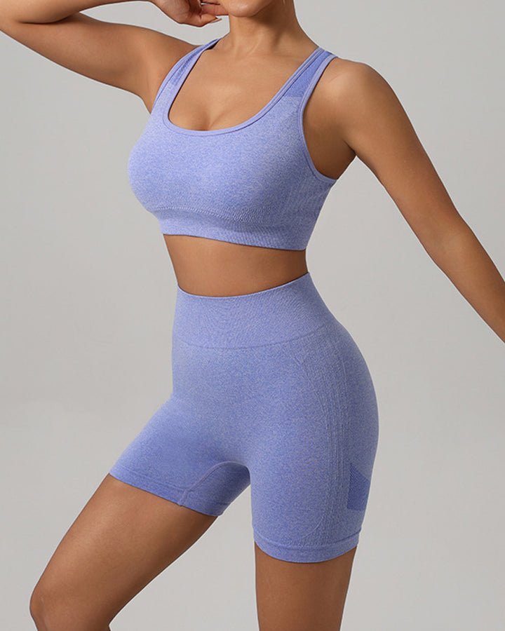 Frauen Nahtlose Fitness Outfit Set U-Ausschnitt Sport BH Po Lift Leggings Shorts Set