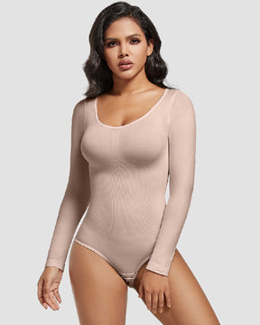 Nahtloser Rundhalsausschnitt Langarm Korsett Bodysuit Tops Stretch Dreieck Body