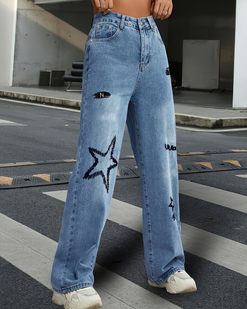 Bestickte Jeans mit Geradem Bein und Hoher Taille Sowie Weitem Bein