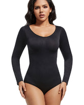 Nahtloser Rundhalsausschnitt Langarm Korsett Bodysuit Tops Stretch Dreieck Body