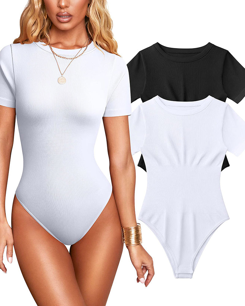 Damen Sexy Gerippter Eckigem Ausschnitt Kurzärmeliger Tanga Bauchweg Bodysuit