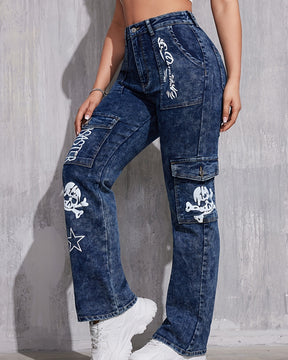 Retro Hot Girl Street Style Lockere Gerade Cargo Jeans mit Print