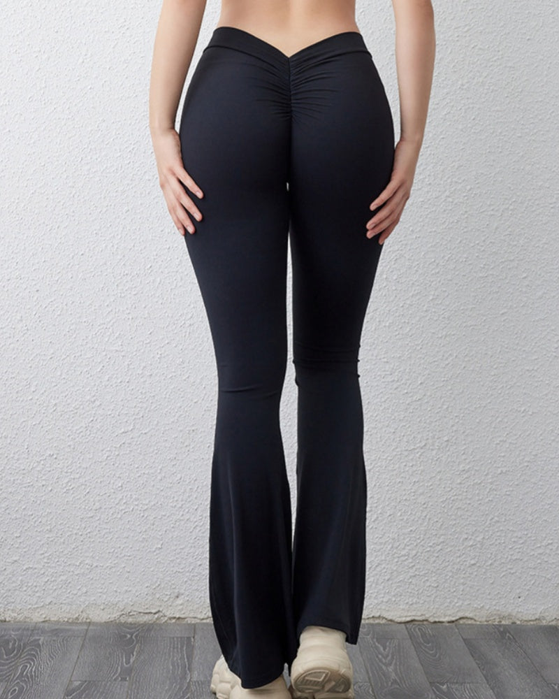 Pfirsichfarbene Gefaltete Leggings mit V-Ausschnitt und Hüftlifting Yoga Schlaghose