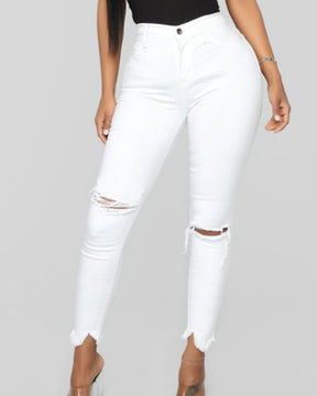 Zerrissene Skinny Jeans mit Hoher Taille und Einfarbig