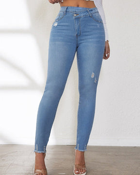 Elastische Skinny Jeans mit Hoher Taille und Schrägen Knöpfen