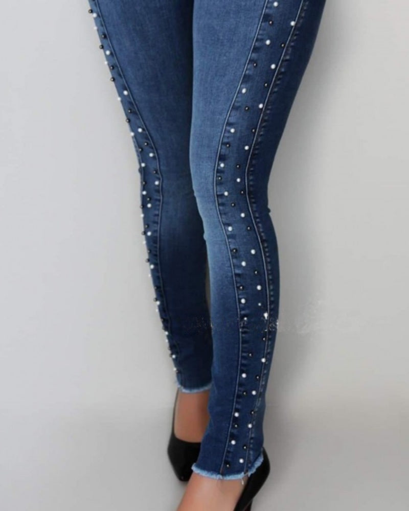 Hoch Taillierte mit Diamanten Besetzte Perlenbesetzte Hip Lift-Jeans mit Hoher Elastizität