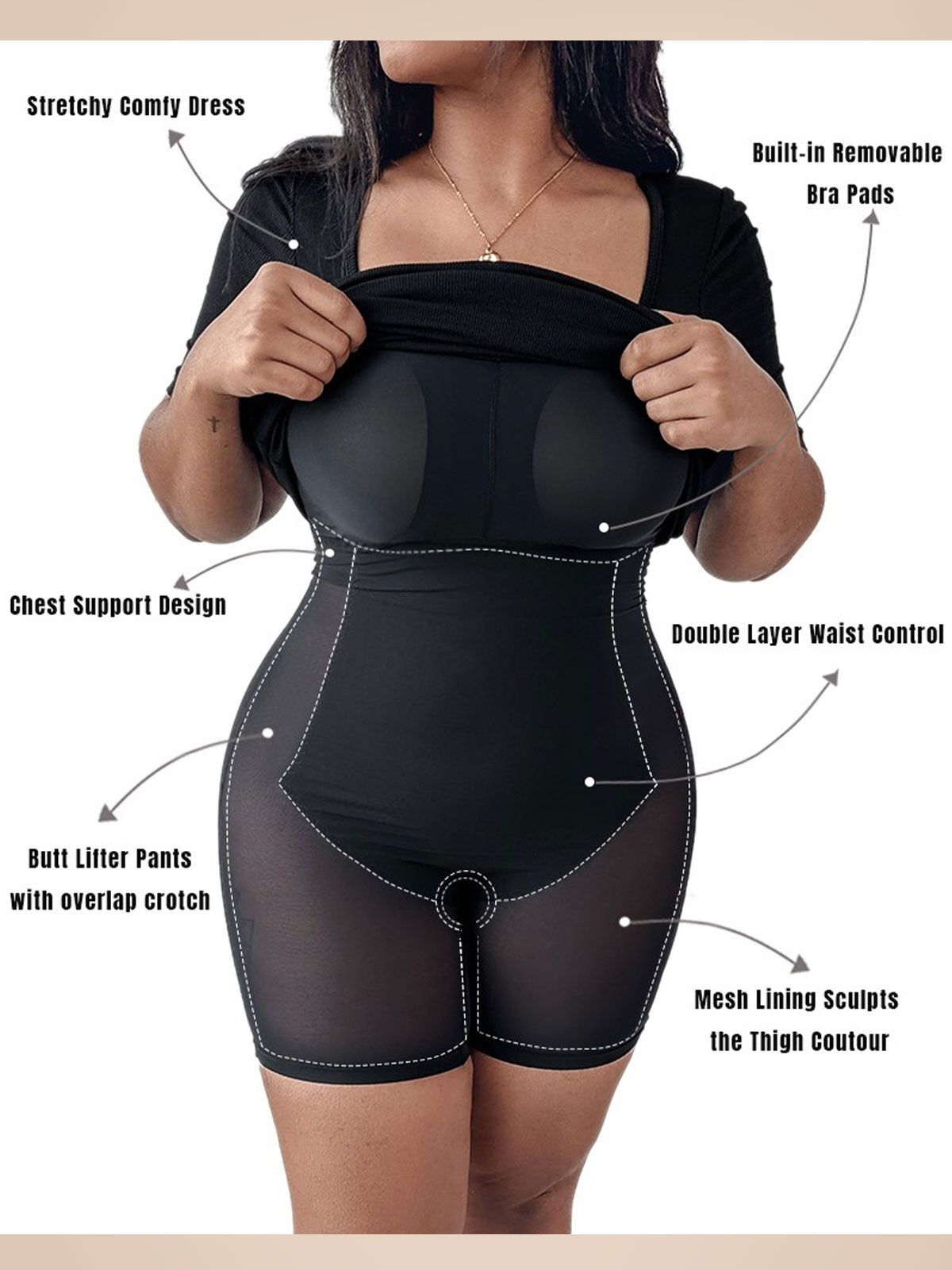 Integriertem Shapewear Kurzarm Quadrat-Ausschnitt Schmal Midi Kleid