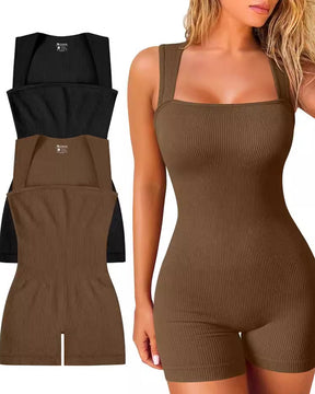 Gerippter Ärmelloser Yoga Rompers Tanktop Eckigem Ausschnitt Jumpsuit