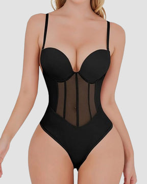 Sexy Mesh Shapewear Korsett Rückenfreier Tanga Bodysuit Mit Integriertem BH