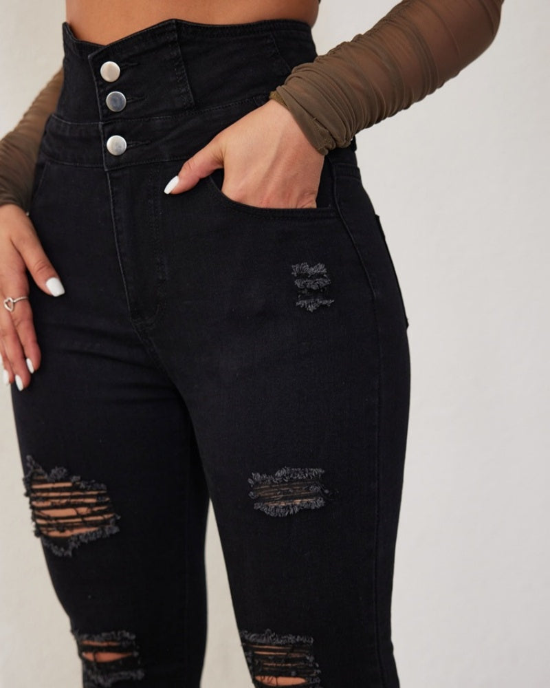 Modische Mehrreihige Jeans mit Hoher Taille und Rissen